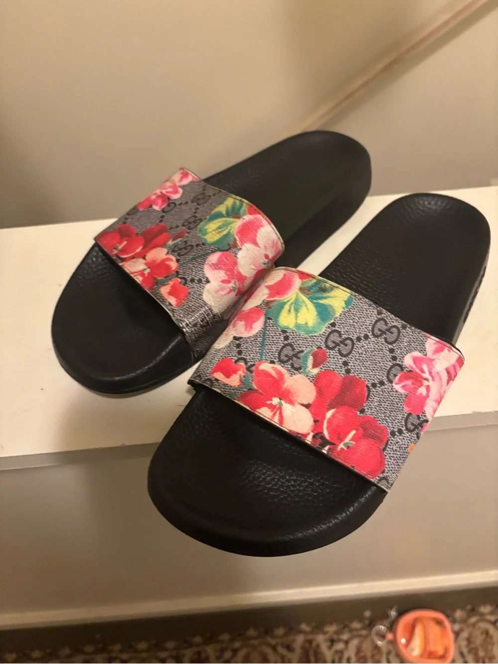 Gucci Black Slide Sandals with Floral Canvas Strap